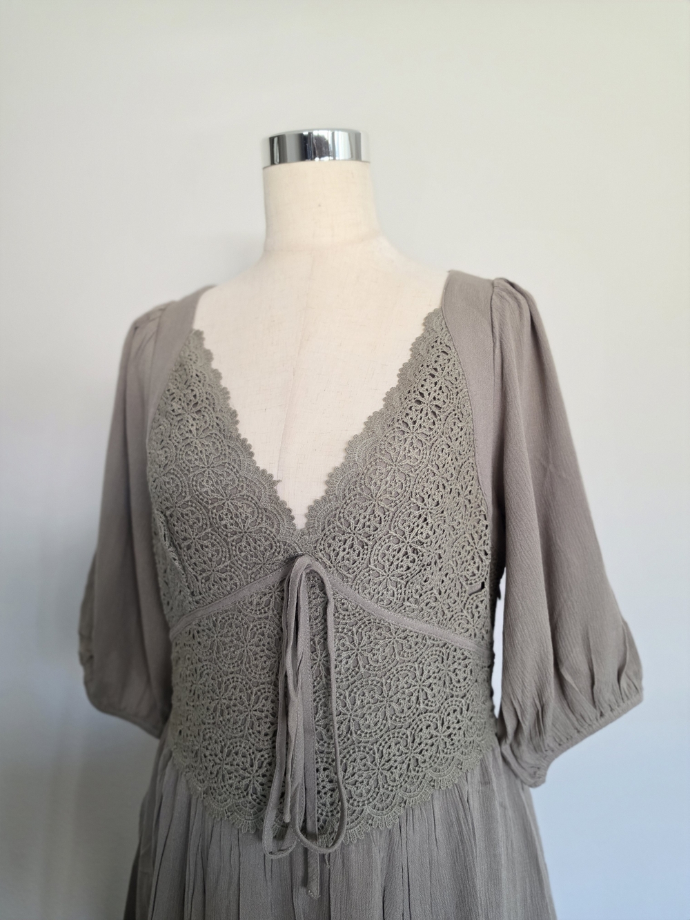 Crochet Bodice Maxi Dress in Olive with Puff Sleeves - Picture 9 of 13